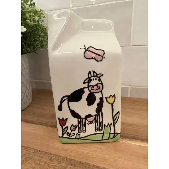 VTG Ganz Ceramic Milk‎ Creamer Carton with Spout Drawn Cows and Flowers - Picture 2 of 9